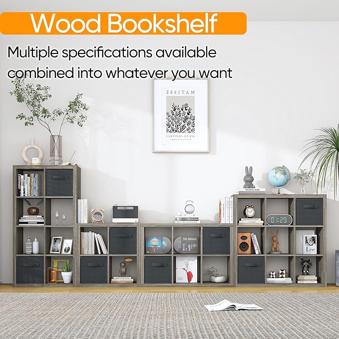 furtble Bookshelf with Storage Bin, 6-Cube Storage Organizer, Modern Wood Open Bookcase, Multifunctional Display Shelf for Living Room, Bedroom, Home Office, Gray Oak