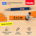 GAUDER Magnetic Dry Erase Labels | 30x Magnetic Labels (3 Inches x 1 Inch) | Dry Erase Magnets for Classroom, Whiteboard and Blackboard