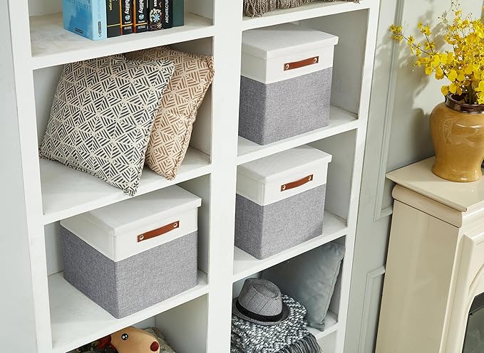 DECOMOMO Storage Basket with Lid, Storage Cubes with Handles, Fabric Box with Lid (Grey and White, 13” / 3 Pack)