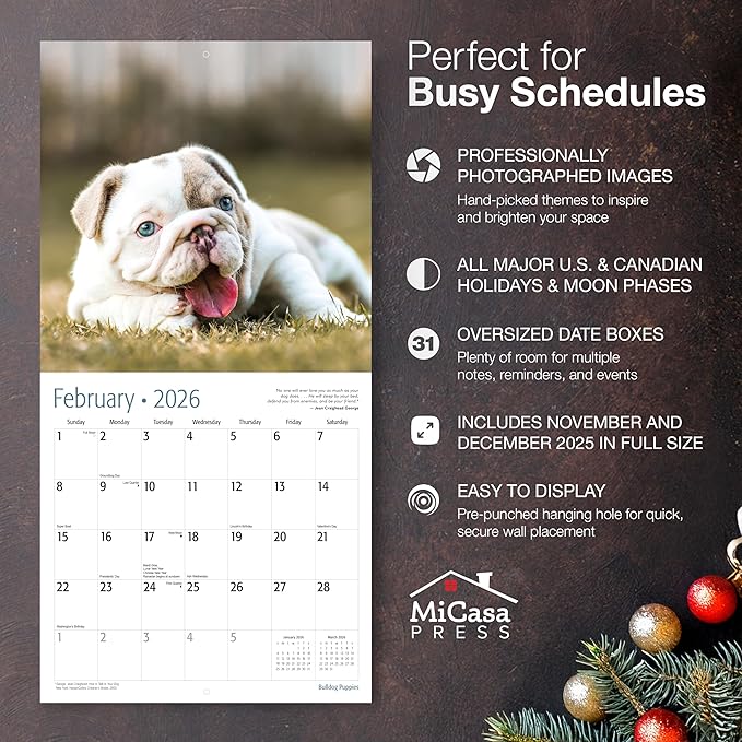 MICASA PRESS Bulldog Puppies 2026 Wall Calendar 12 Month | 12" x 24" Open | Thick & Sturdy Paper | Holiday Gift | Cute Puppy Dog Calendar 2026