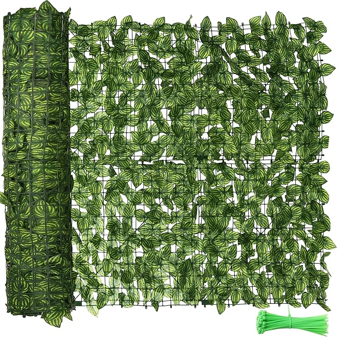 Artificial Ivy Fence Privacy Screen 138x39in, Faux Ivy Wall Privacy Fence, Artificial Hedges with Color-Printed Watermelon Leaves for Outdoor Wall Decor, Garden, Balcony, Patio, Apartment, and Yard