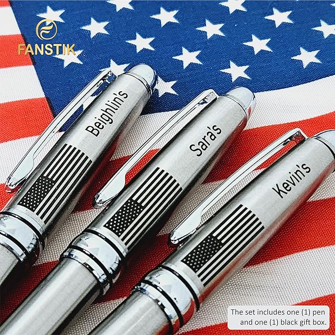 FANSTIK Customized BallPoint pen with name and US Flag (MADE IN USA), stainless steel, silver, luxury engraved pen personalized for men and for women. (BallPoint US-Flag)