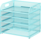 Cawukege 5 Tier Paper Organizer with Handle, Metal Mesh Desk Organizer File Folder Paper Letter Tray Desktop Document Sorter for Classroom, School, Office Accessories Organization and Storage - Blue