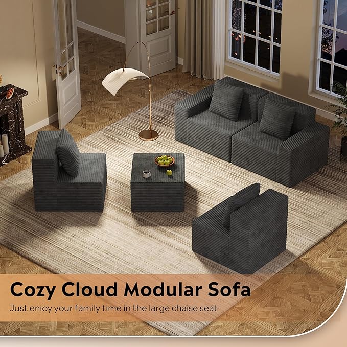 WLIVE 32'' Boneless Couch for Living Room, Modular Sectional Sofa, Cloud Memory Foam Couch L Shape with Chaise, Grey