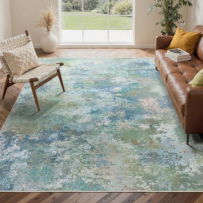 GENIMO Washable Rugs 6x9 Area Rugs for Living Room Bedroom, Modern Lightweight Rug Ultra Soft Indoor Area Rugs 6x9 for Dining Room, Low Pile Carpet with Non Slip Backing, Blue Green