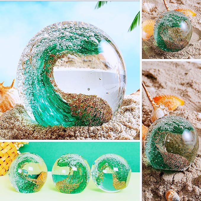EUSTUMA Hand Blown Glass Figurines Ball Ocean Waves,Office Paperweight Glass for Desk,Home Decor Collectible,Aquarium Decor,Office Decor Ocean Lovers