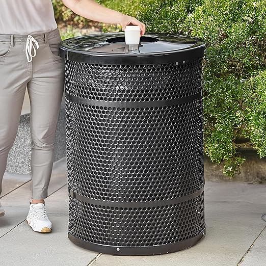 Zedfire 55 Gallon Perforated Waste Bin with Flat Lid, Steel Outdoor Heavy-Duty Commercial Trash Can, Round Recycle Container, Durable Garbage Can for Parks, Municipalities, Parking, Schools