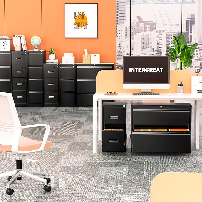 INTERGREAT 2 Drawers File Cabinet with Lock, 18" D Metal Black Vertical Filing Cabinet for Hanging Folders, Easy Assemble