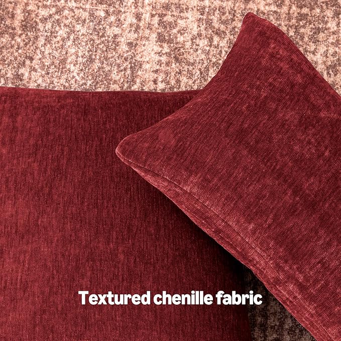 Amazon Basics Chenille Throw Pillow Covers, Home Decor Cushion Cover for Bedroom Living Room Couch Bed, 22" W × 22" L, Burgundy