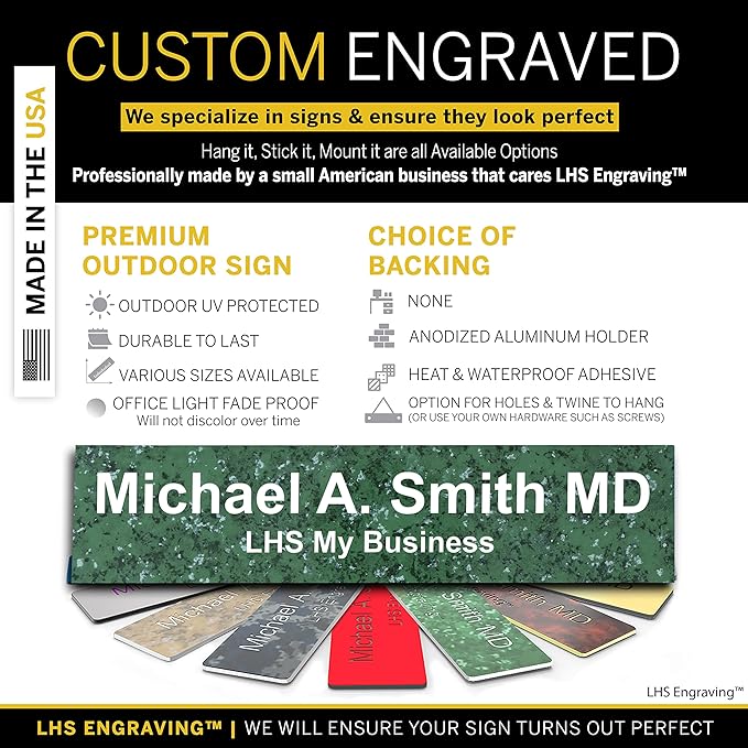 Personalized Name Plate with Choice of Mounting Holders for Walls, Doors, Cubicles, Hanging and More - Custom Verde Green Marble Plastic White Letters - USA Made 2x10 - S4