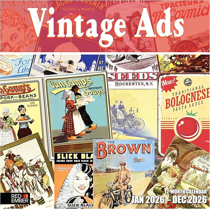 RED EMBER Vintage Ads 2026 Wall Calendar 12 Month | 12" x 24" Open | Thick & Sturdy Paper | Holiday Gift | Art Calendar 2026