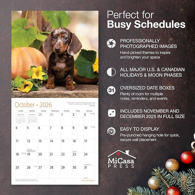 MICASA PRESS Dachshund Puppies 2026 Wall Calendar 12 Month | 12" x 24" Open | Thick & Sturdy Paper | Holiday Gift | Cute Puppy Weiner Dog Calendar 2026