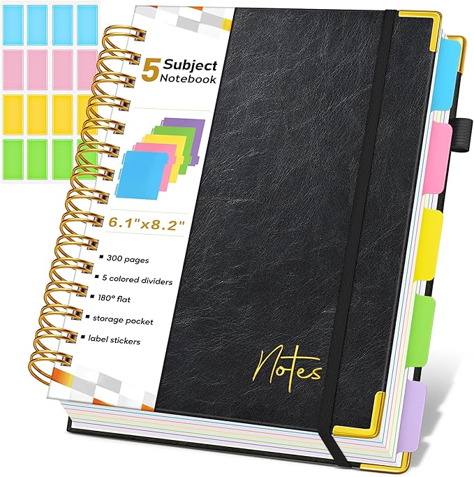 Spiral Notebook Journal with Removable Dividers Tabs, 300 Pages Hardcover Leather 5 Subject College Ruled Notebook, 6.1"x8.2" Large A5 Lined Journal for Women Men Spiral Notebook for Work School,Black