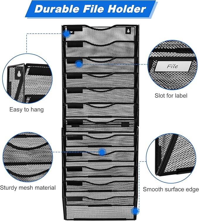 Solinxe Wall File Holder, 12 Pockets Hanging File Folder, Paper Organizer Storage, Document Rack, Mail Holder, Magazine Rack, Wall Organizer for Office, Black