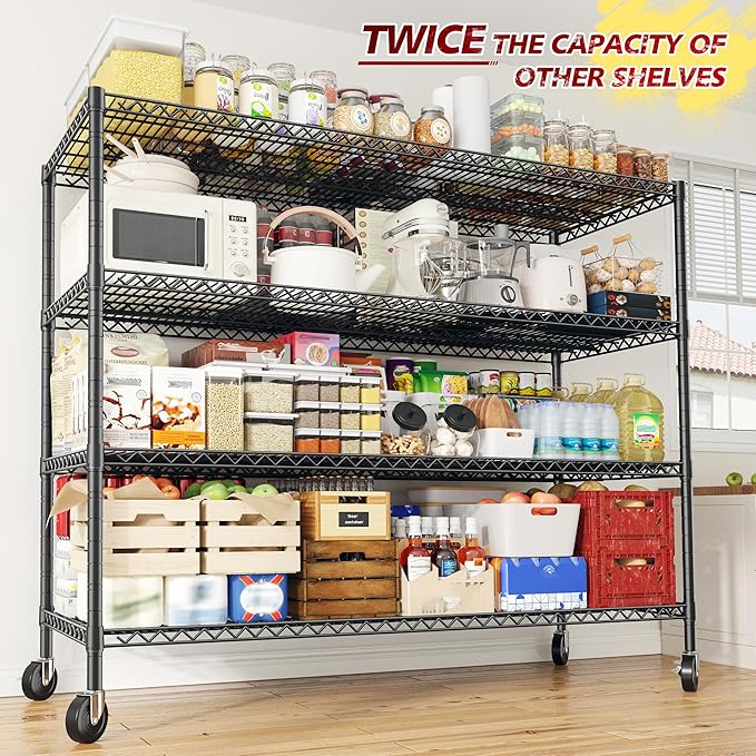 REIBII Set of 2 Storage Shelves Metal Shelving with Wheels,Adjustable Wire Shelving Rack 75.6" H Heavy Duty Garage Shelving Unit for Kitchen Pantry,Commercial Industrial Shelving for Garage 2PCS