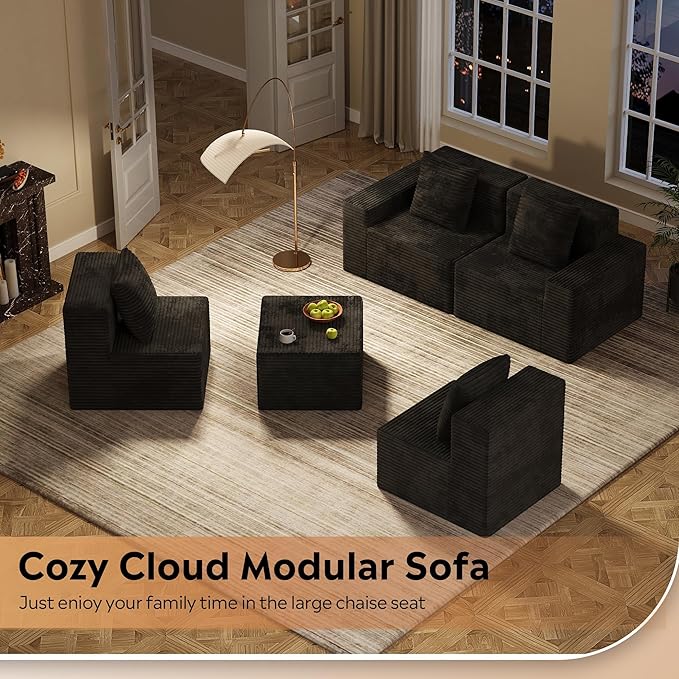 WLIVE 32'' Boneless Couch for Living Room, Modular Sectional Sofa, Cloud Memory Foam Couch L Shape with Chaise, Black