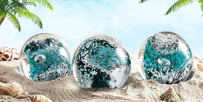 EUSTUMA Hand Blown Glass Figurines Ball Ocean Waves,Paperweight Glass Ball,Home Decor Collectible,Aquarium Decor,Office Decor Ocean Lovers