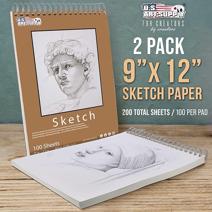 U.S. Art Supply 9"x12" Top Spiral Bound Sketch Book, 2 Pack, 100 Sheets Each, 60lb (100gsm), Acid-Free, Artist Sketchbook, Drawing Pad for Adults & Students