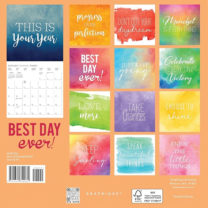 Graphique 2026 Best Day Ever Mini Wall Calendar | 7” x 7” | Thick Paper | Home & Office Organizer | Large Monthly Grid | 3 Languages & Marked Holidays | 4 Month Preview Page for 2027