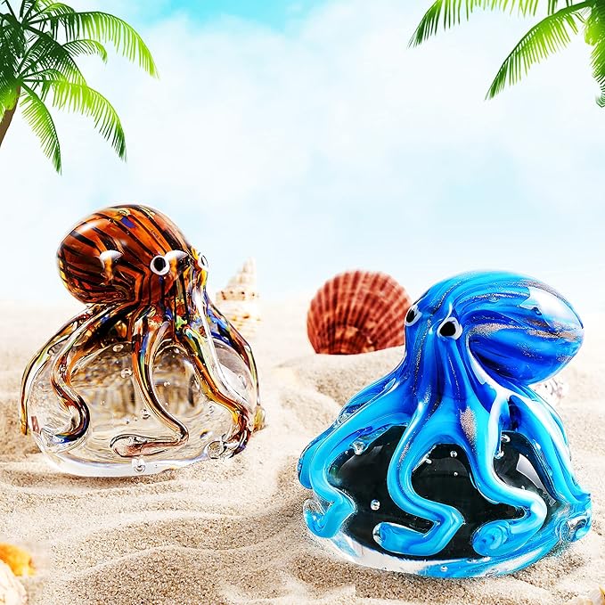 EUSTUMA Hand Blown Glass Octopus Figurine Ornament,Sea Animal Ornament for Fish Tank Aquarium,Sea Animals Collection for Birthday Gift,Glass Office Paperweight for Desk.