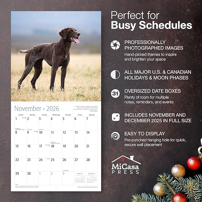 MICASA PRESS German Shorthaired Pointers 2026 Wall Calendar 12 Month | 12" x 24" Open | Thick & Sturdy Paper | Holiday Gift | Cute GSP Puppy Dog Calendar 2026