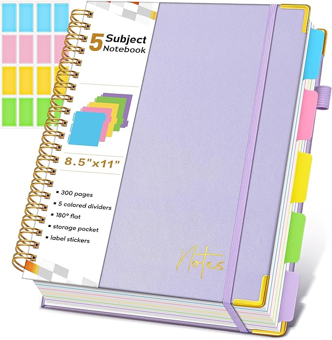 Spiral Notebook Journal with Removable Dividers Tabs, 300 Pages Hardcover Leather 5 Subject College Ruled Notebook, 8.5"x11" Large A4 Lined Journal for Women, Spiral Notebooks for Work School, Purple