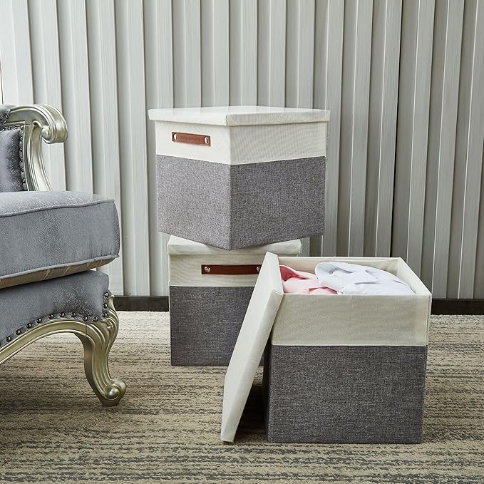 DECOMOMO Storage Basket with Lid, Storage Cubes with Handles, Fabric Box with Lid (Grey and White, 13” / 3 Pack)