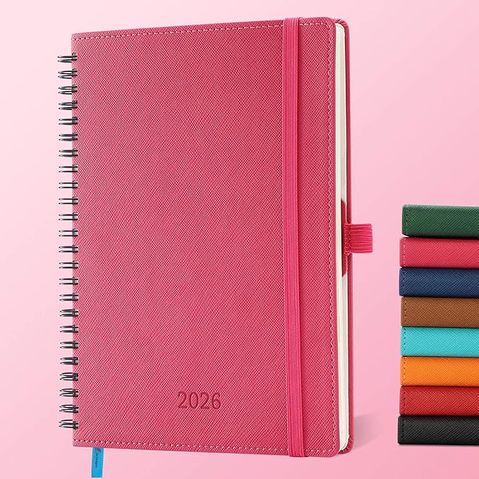 IN-LUXPRO Planner 2026 Daily Weekly and Monthly,8.5"x6.5",12 Months Spiral Bound Calendar Agenda with Self-adhesive Pen Holder,2026 Appointment Book with Vegan Leather Soft Cover,Rose Red