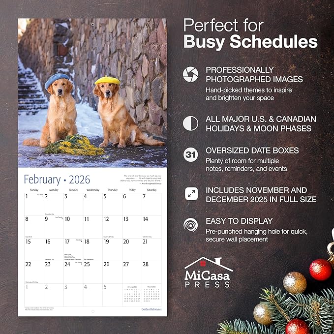 MICASA PRESS Golden Retrievers 2026 Wall Calendar 12 Month | 12" x 24" Open | Thick & Sturdy Paper | Holiday Gift | Cute Puppy Dog Calendar 2026