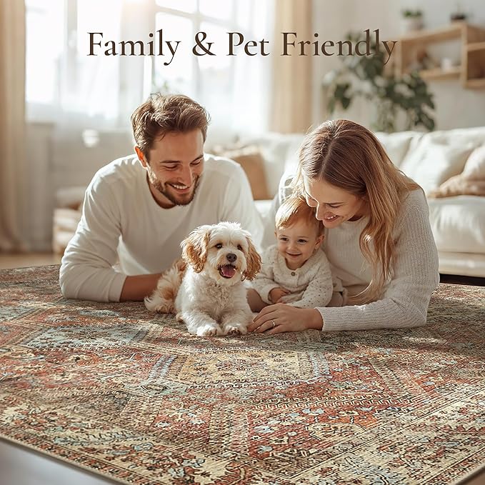 GENIMO 6x9 Area Rugs for Living Room, Machine Washable Non Slip Rugs, Low Pile Lightweight Print Rug for Bedroom, Dining Room, Home Office, Vintage Brick Red