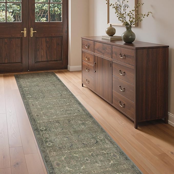 GENIMO 2x10 Runner Rugs for Hallway, Machine Washable Non Slip Vintage Rugs, Low Pile Lightweight Soft Print Rug for enrtyway, Corridor, Home Office, Kitchen, Muted Green