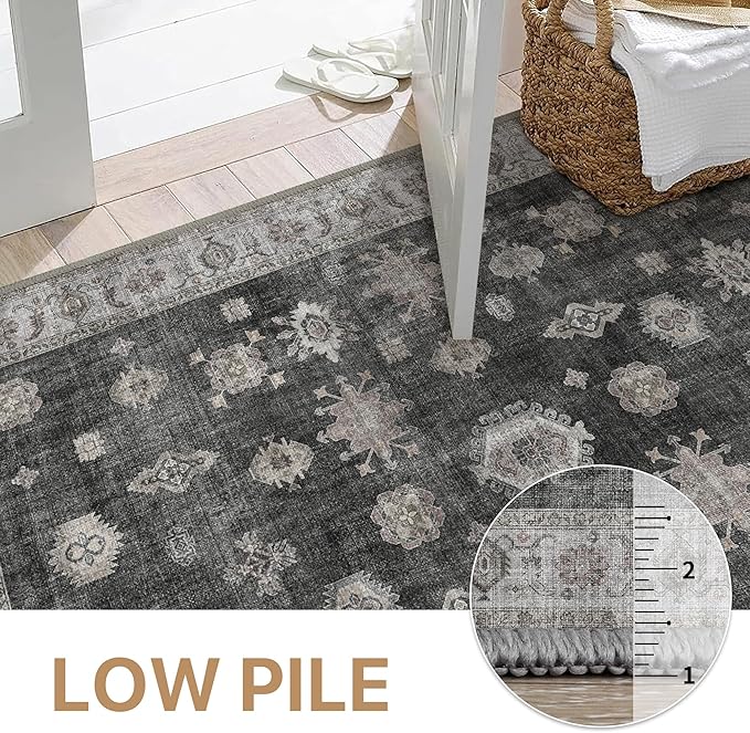 GENIMO 5x7 Area Rugs for Living Room, Machine Washable Non Slip Vintage Retro Rugs, Low Pile Lightweight Chenille Print Rug for Bedroom, Dining Room, Home Office, Charcoal