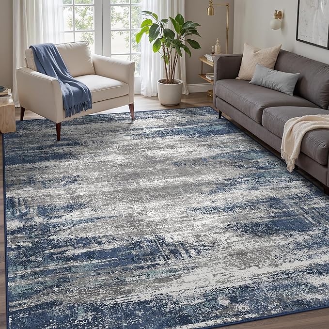 GENIMO Rugs for Bedroom-Washable 6x9 Area Rugs Lightweight Low Pile, Modern Printed Non-Slip Carpet for Living Room, Playroom, Dining Room, Office, Blue Ivory