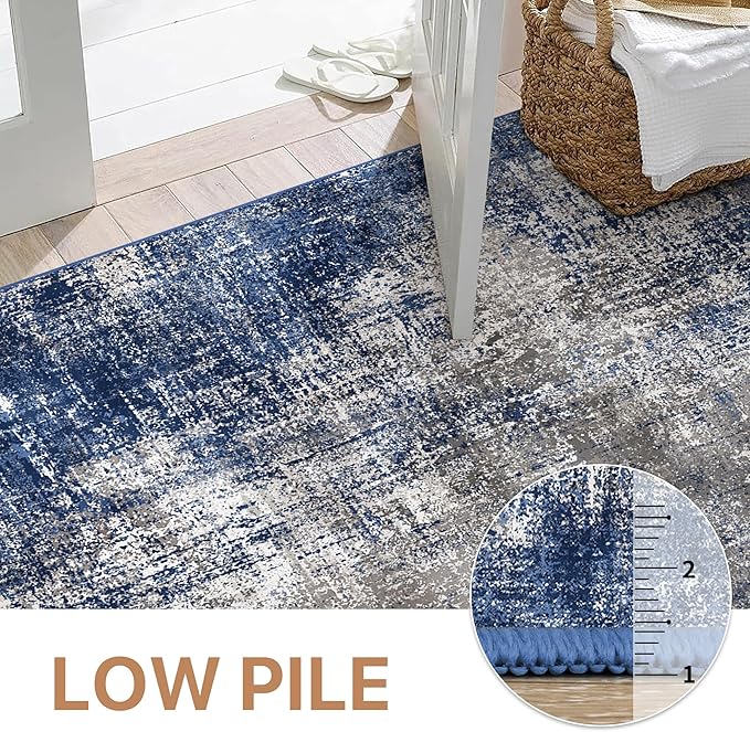 GENIMO Washable Area Rugs for Living Room, 9x12 Modern Non Slip Rugs, Low Pile Lightweight Soft Print Rug for Bedroom, Dining Room, Home Office, Washed Blue&Gray