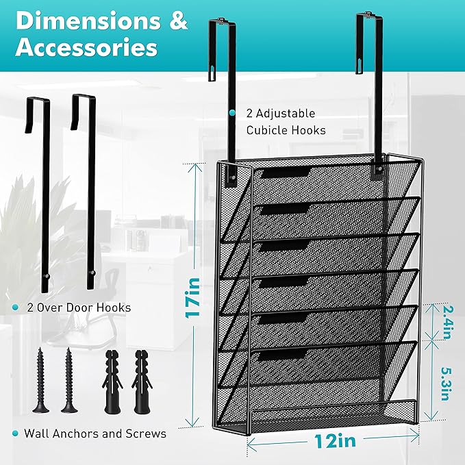 Delifox 7-Compartment Wall Mounted Hanging File Organizer Cubicle Wall File Holder Vertical Document Organizer for Office Home, Black