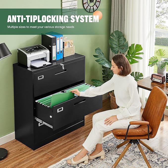 Letaya Lateral 3 Drawer File Cabinets with Lock, Metal Filing Storage Vertical Cabinets,Home Office Furniture for Organization Hanging Letter/Legal/F4/A4(Black)