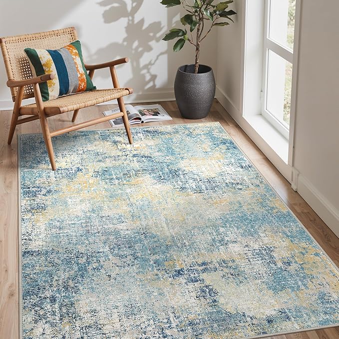 GENIMO Washable Area Rugs for Living Room, 8x10 Modern Non Slip Rugs, Low Pile Lightweight Soft Print Rug for Bedroom, Dining Room, Home Office, Washed Orange Blue