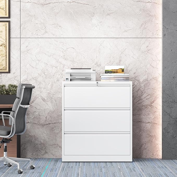 mysteeldepot 3 Drawer Lateral File Cabinet with Lock, Metal File Cabinet, Lateral File Cabinets for Home Office, Heavy Duty File Storage Cabinet for Legal/Letter/A4 Document, Assembly Required, White