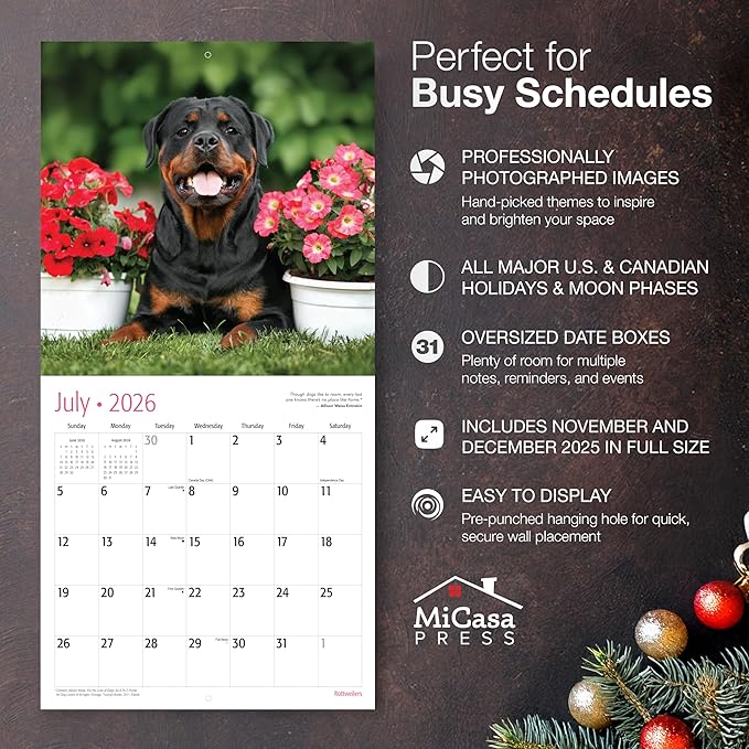 MICASA PRESS Rottweilers 2026 Wall Calendar 12 Month | 12" x 24" Open | Thick & Sturdy Paper | Holiday Gift | Cute Puppy Dog Calendar 2026