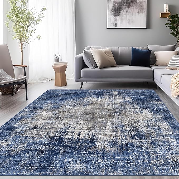 GENIMO Washable Area Rugs for Living Room, 9x12 Modern Non Slip Rugs, Low Pile Lightweight Soft Print Rug for Bedroom, Dining Room, Home Office, Washed Blue&Gray