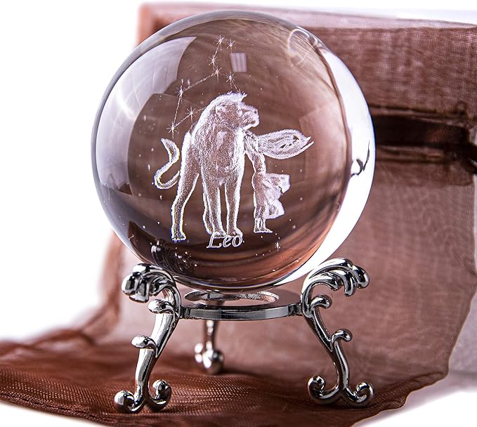 Crystal 3D Constellation Ball Crystal Paperweight Full Sphere Glass Fengshui with Sliver-Plated Flowering Stand(Leo)