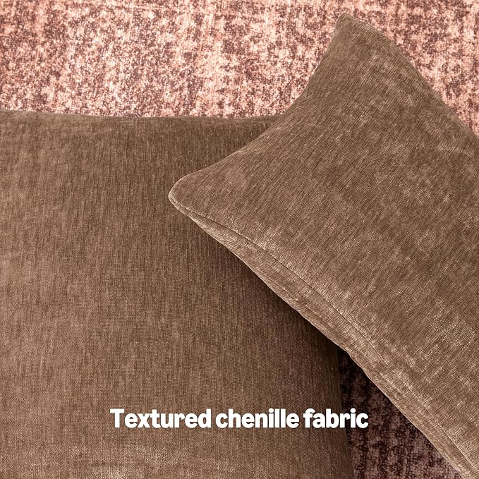 Amazon Basics Chenille Throw Pillow Covers, Home Decor Cushion Cover for Bedroom Living Room Couch Bed, 20" W × 20" L, Brown