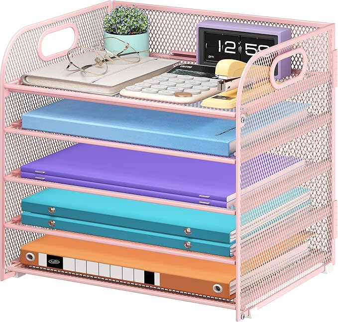 Cawukege 5 Tier Paper Organizer with Handle, Metal Mesh Desk Organizer File Folder Paper Letter Tray Desktop Document Sorter for Classroom, School, Office Accessories Organization and Storage - Pink