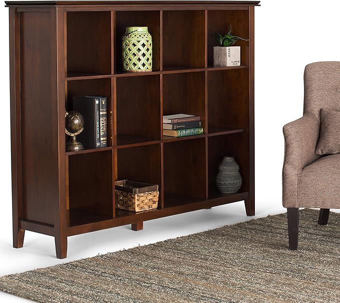 SIMPLIHOME Artisan Bookcase - 57 inch Tall 12-Cube Solid Wood Cube Organizer in Russet Brown, Transitional Storage Bookcase for Living Room, Study Room or Office with Fixed Shelves and Tapered Legs