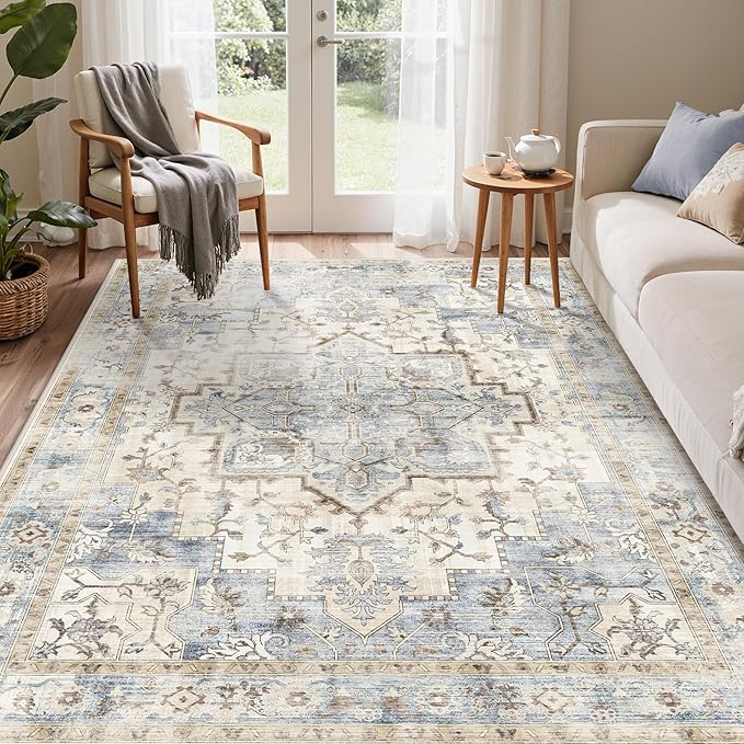 GENIMO 8x10 Area Rugs for Living Room, Machine Washable Rug, Non Slip Indoor Vintage Rug, Low Pile Lightweight Chenille Print Carpet for Bedroom Dining Room Home Office, Mint Sage