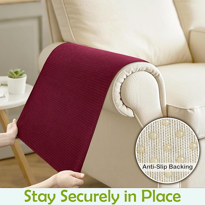 Couch Arm Covers, Sofa Arm Covers, Waterproof Armrest Covers for Sofa, Armchair, Loveseat, Non-Slip Recliner Arm Covers, Sofa Headrest Covers, Arm Chair Covers Set of 2 (Burgundy, 24"×20")