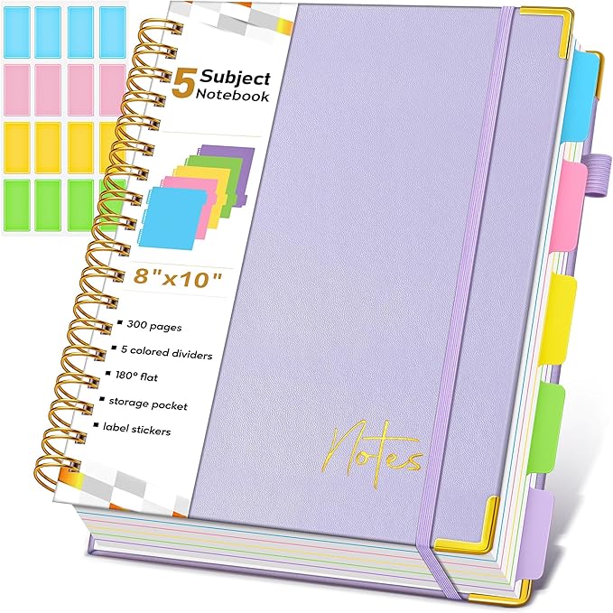 Spiral Notebook Journal with Removable Dividers Tabs, 300 Pages Hardcover Leather 5 Subject College Ruled Notebook, 8"x10" Large B5 Lined Journal for Women Men, Spiral Notebooks for Work School,Purple