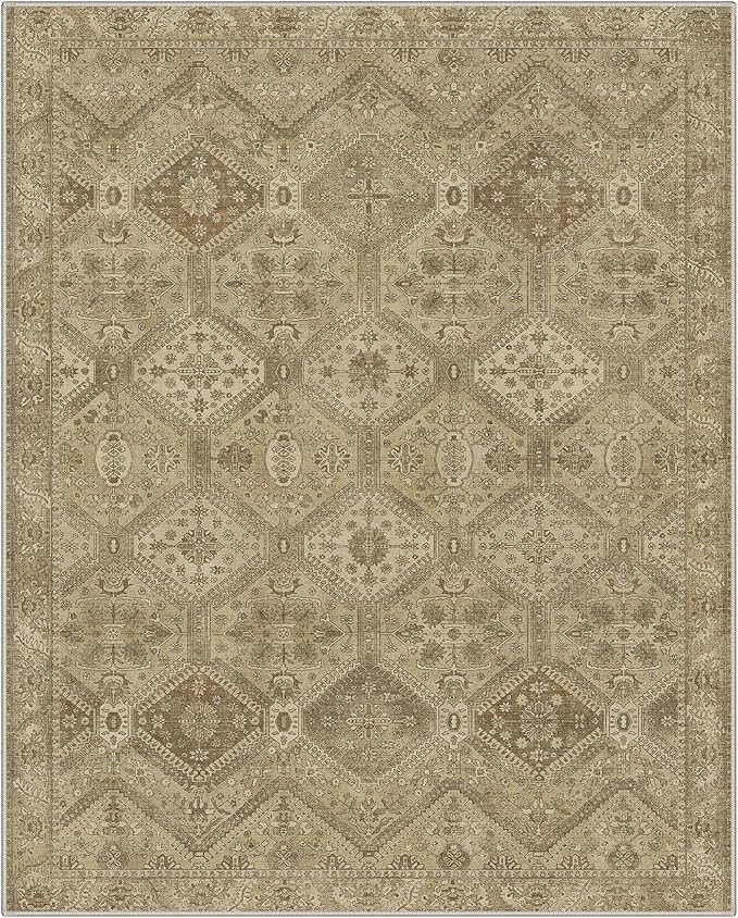 GENIMO 9x12 Area Rugs for Living Room, Machine Washable Non Slip Vintage Rugs, Low Pile Lightweight Print Rug for Bedroom, Dining Room, Home Office, Tan Brown