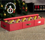 ZOBER Underbed Christmas Ornament Storage Box - Stores 120 3" Ornaments, With Dividers - Tear Proof 600D Oxford Fabric, Ornament Organizer Storage Box, Durable Christmas Containers Holder - Red