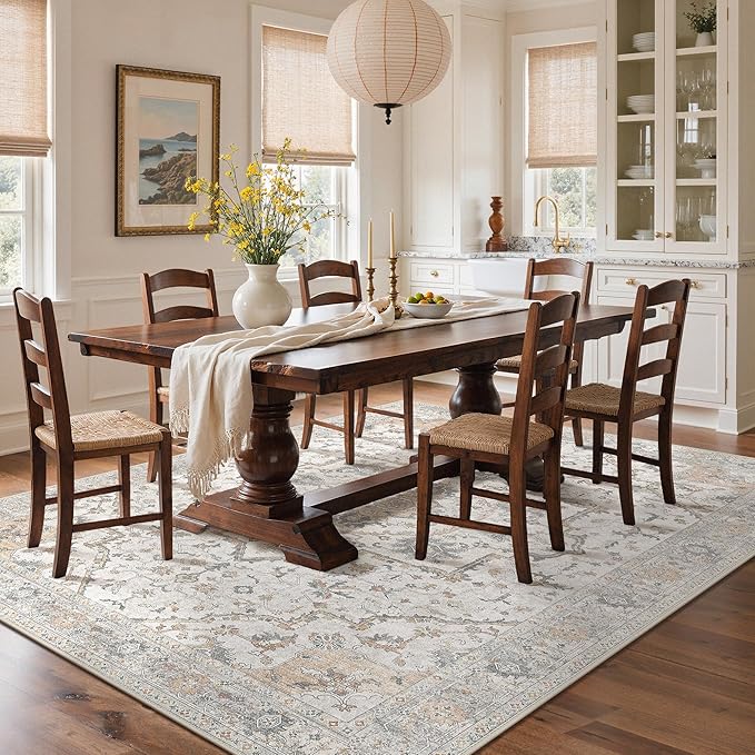 GENIMO 8x10 Area Rugs for Living Room, Machine Washable Non Slip Vintage Rugs, Low Pile Lightweight Chenille Print Rug for Bedroom, Dining Room, Home Office